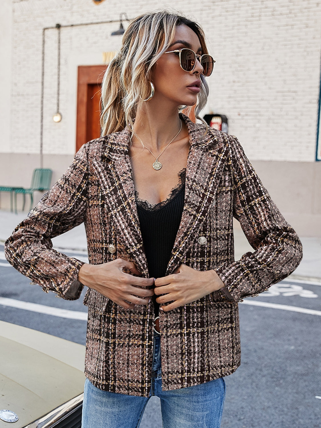 The Lyndsey - Full Size Plaid Lapel Collar Blazer