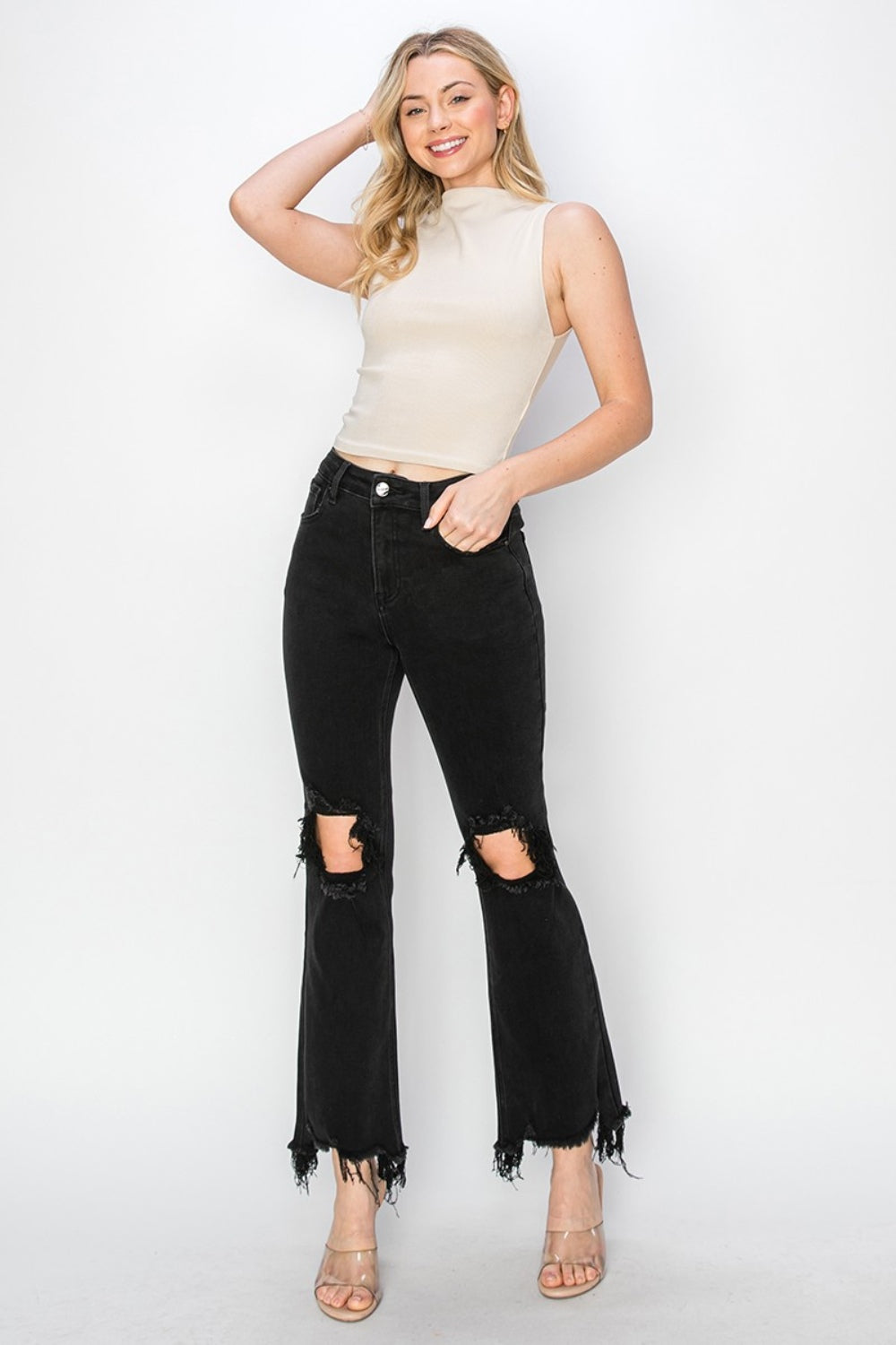 The Kinsley - RISEN Distressed Raw Hem Jeans with Pockets