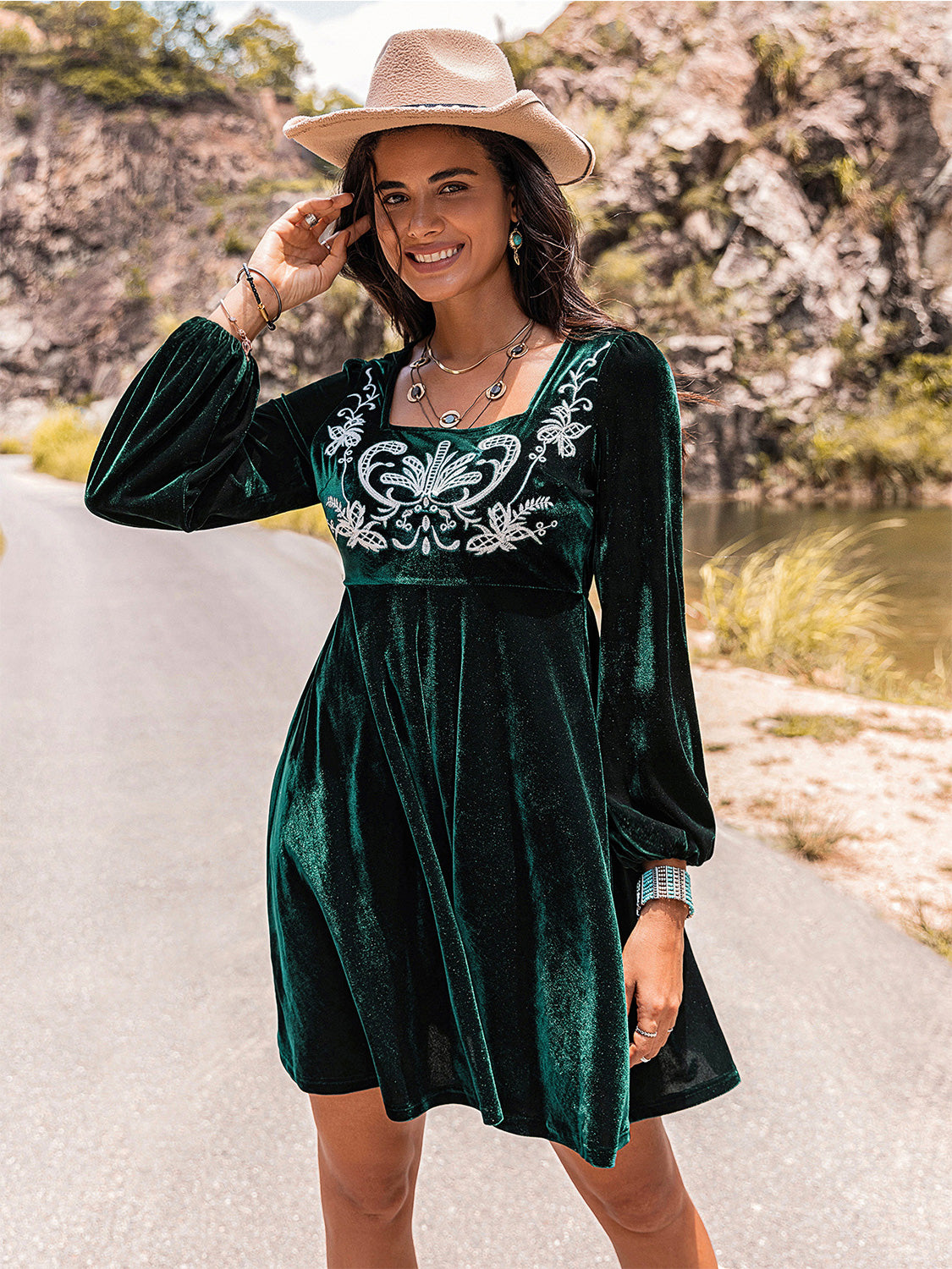 The Isabel - Embroidered Square Neck Long Sleeve Dress