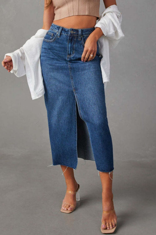 The Elsie - Slit Raw Hem Midi Denim Skirt