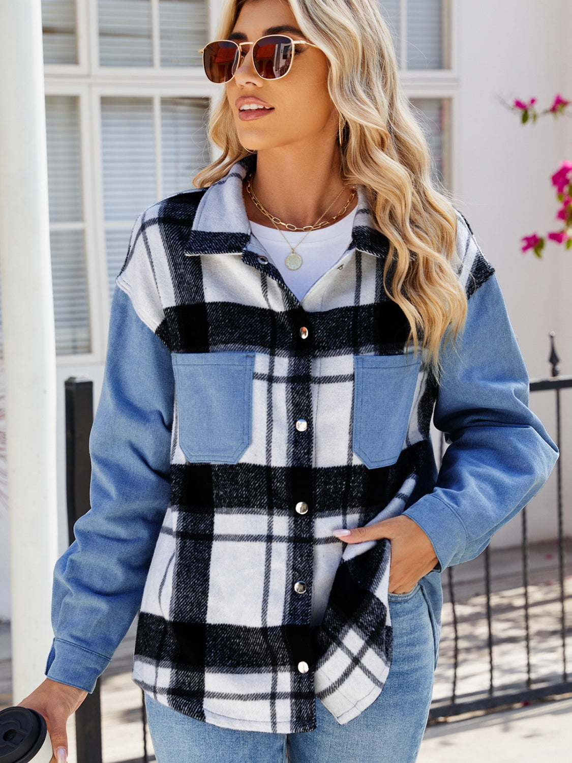 The Ashlyn - Pocketed Plaid Denim Jacket