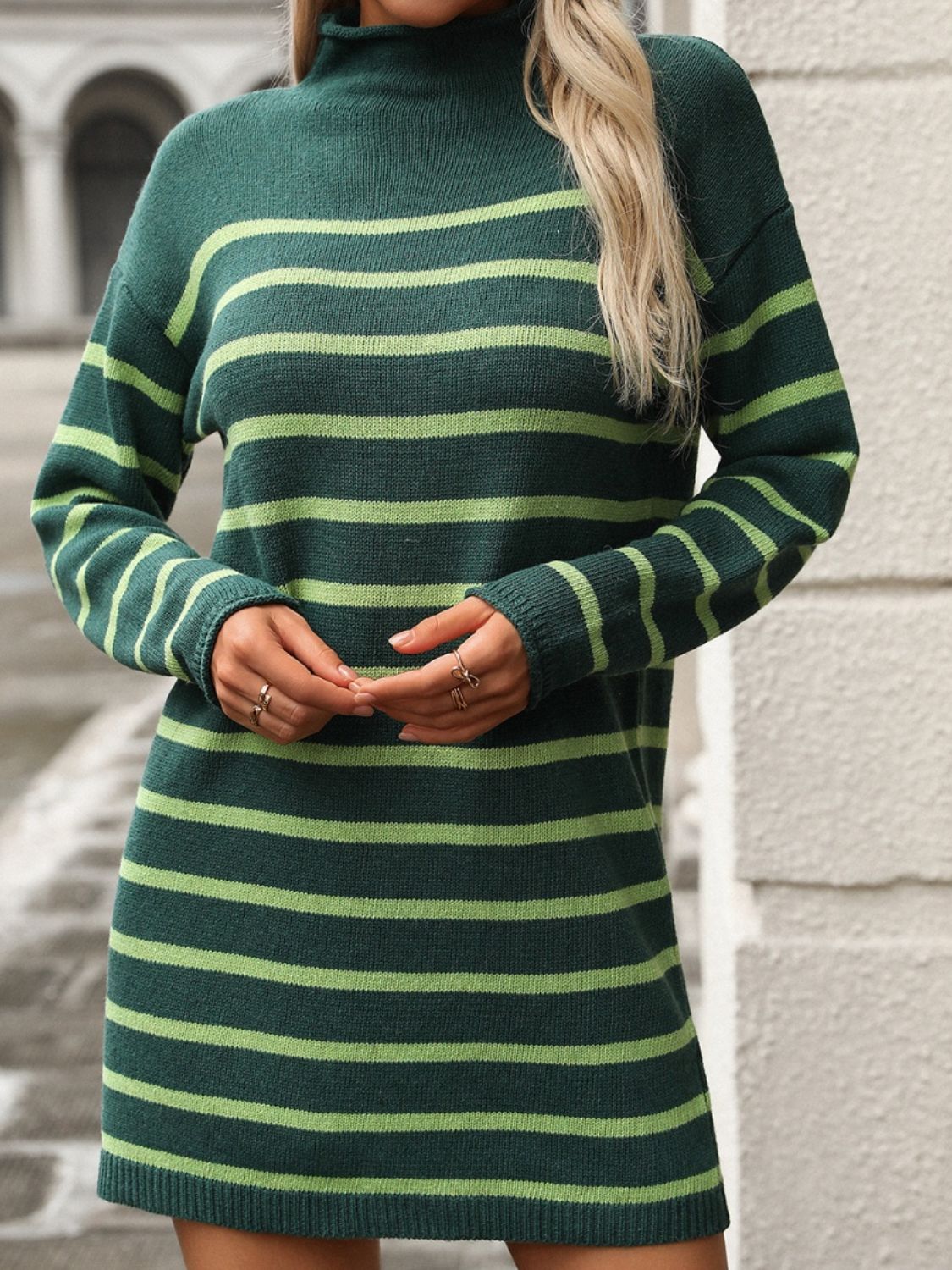 The Brinley - Striped Mock Neck Long Sleeve Mini Dress