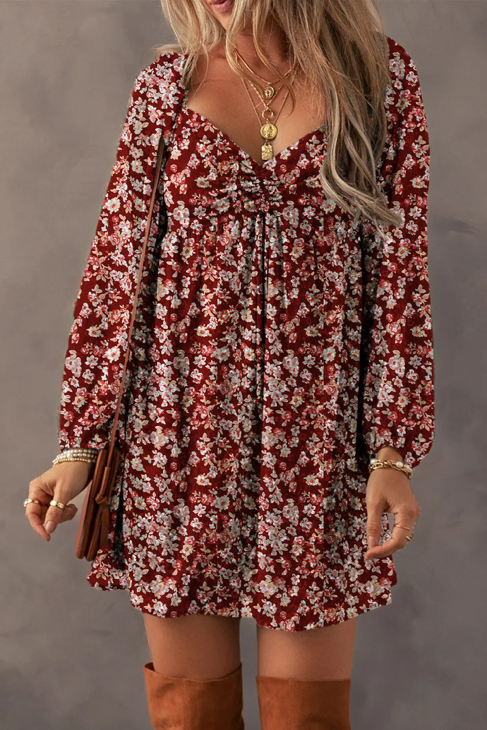 The Gia - Ruched Printed Long Sleeve Mini Dress