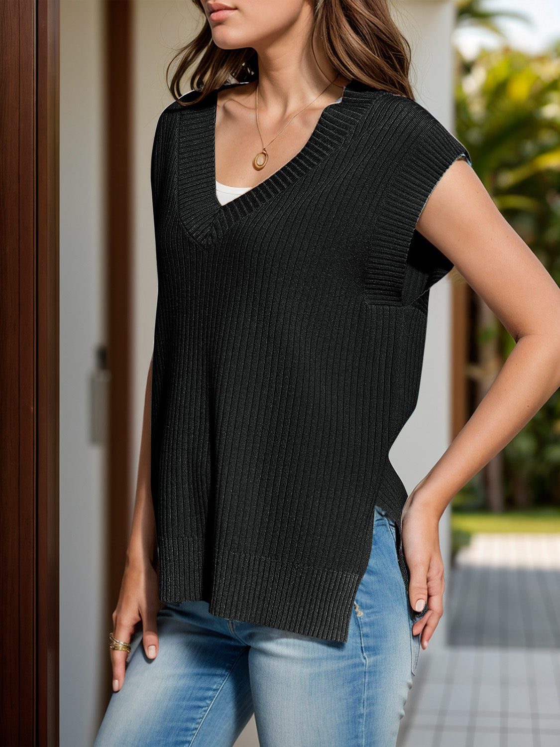 The Isla - V-Neck Cap Sleeve Knit Vest