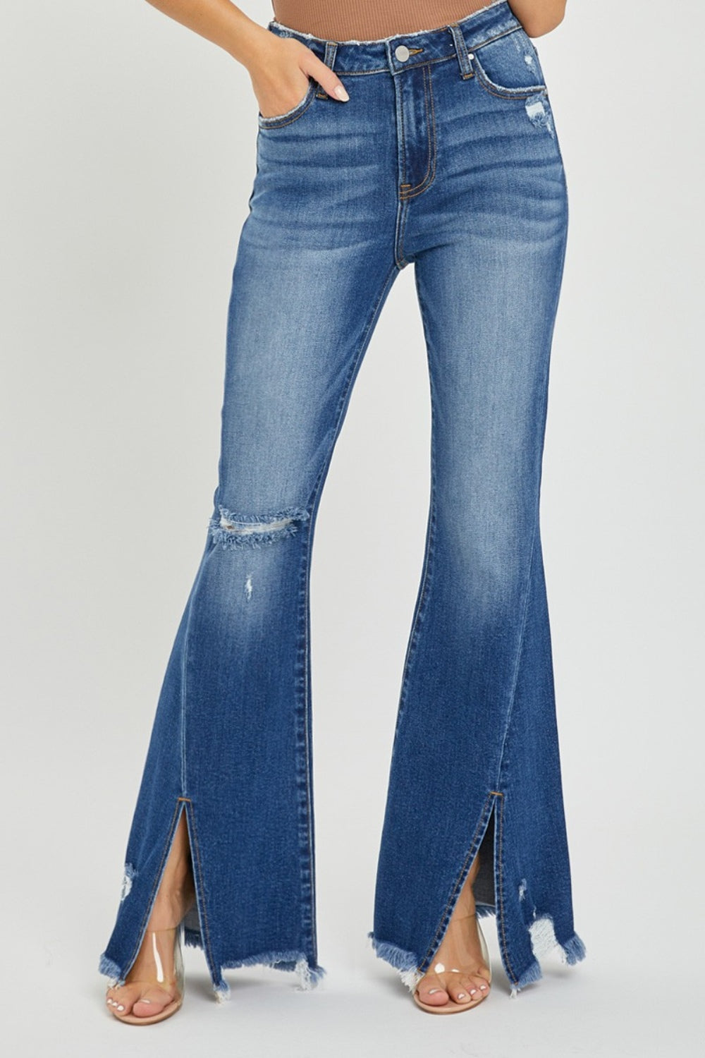 The Cheyenne - RISEN Full Size High Rise Front Slit Frayed Hem Flare Jeans