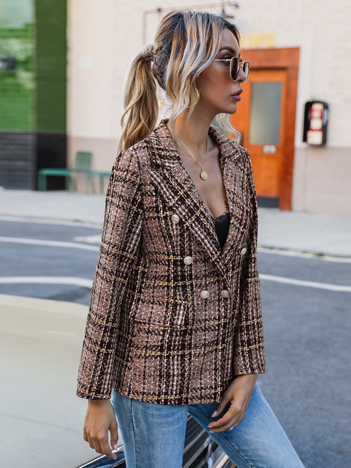 The Lyndsey - Full Size Plaid Lapel Collar Blazer