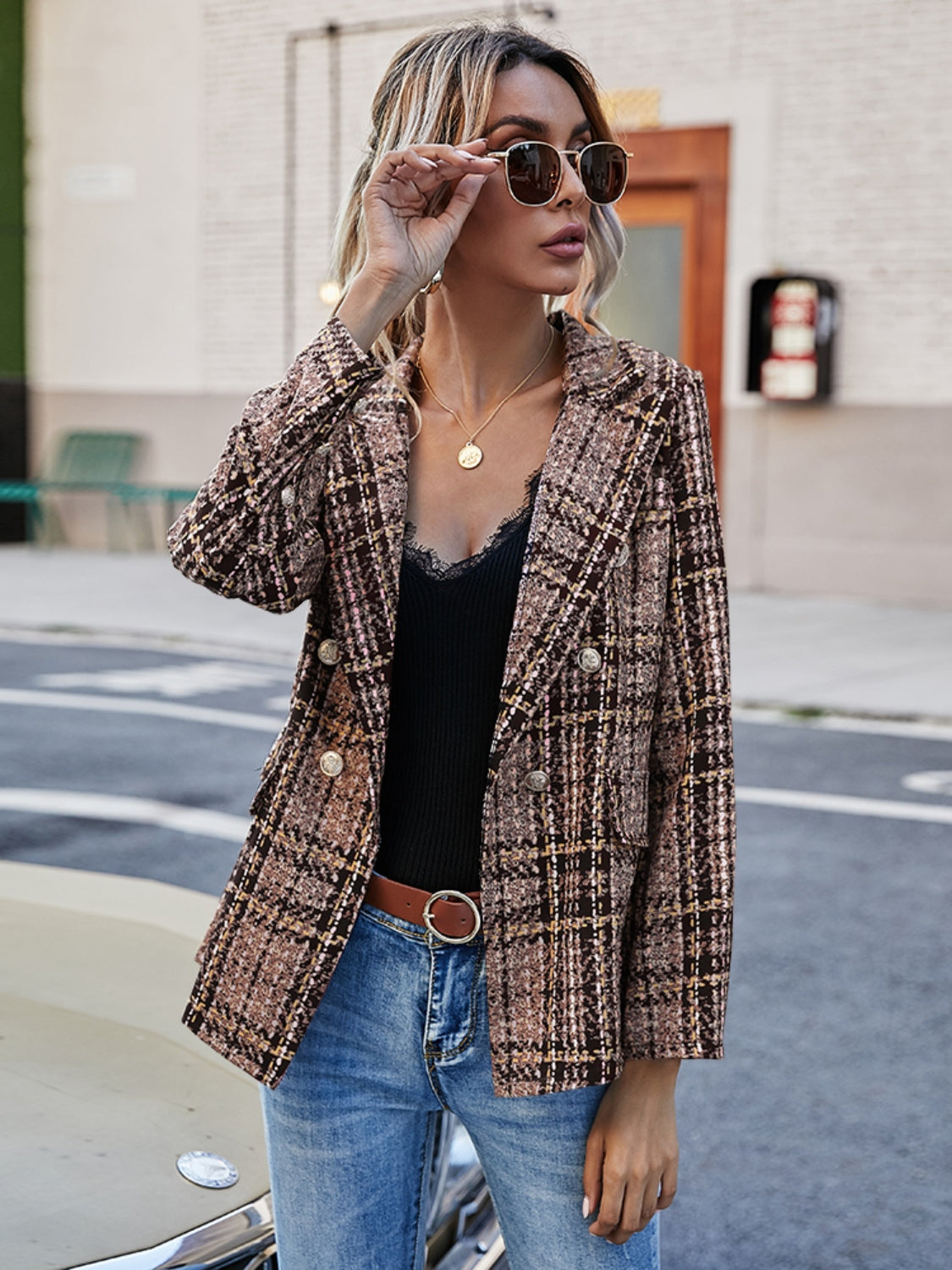 The Lyndsey - Full Size Plaid Lapel Collar Blazer