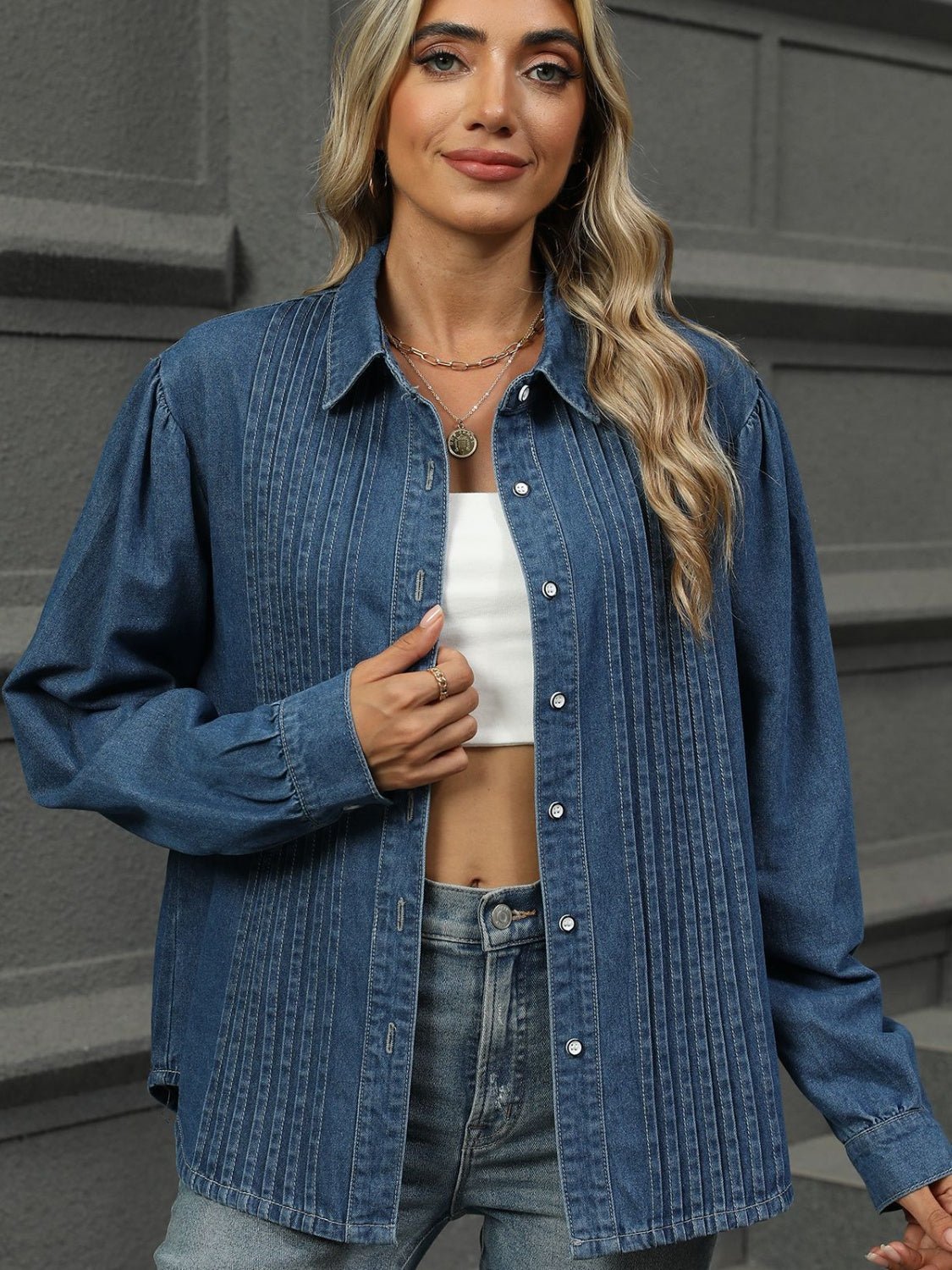 The Stella - Textured Button Down Denim Top