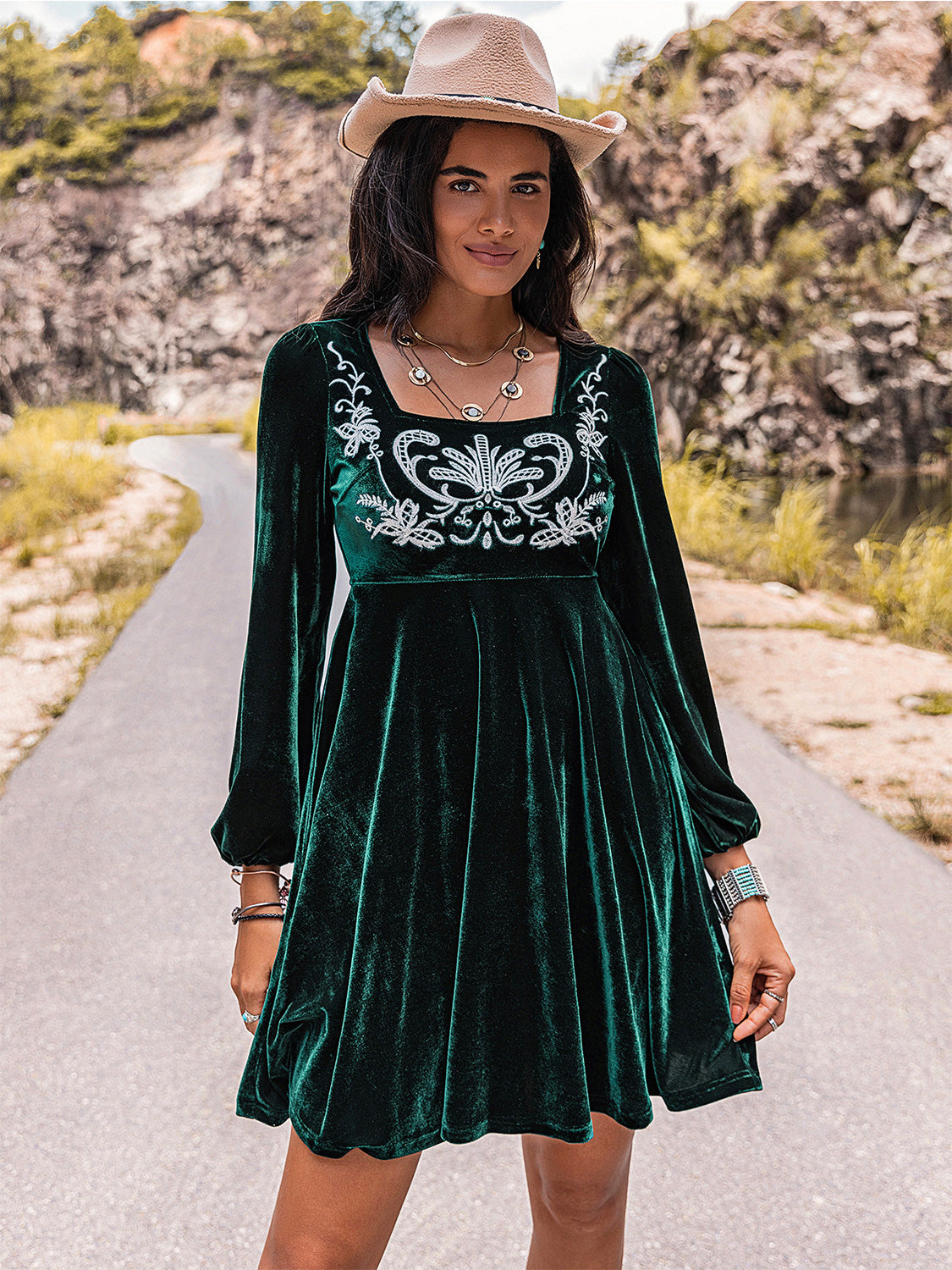 The Isabel - Embroidered Square Neck Long Sleeve Dress