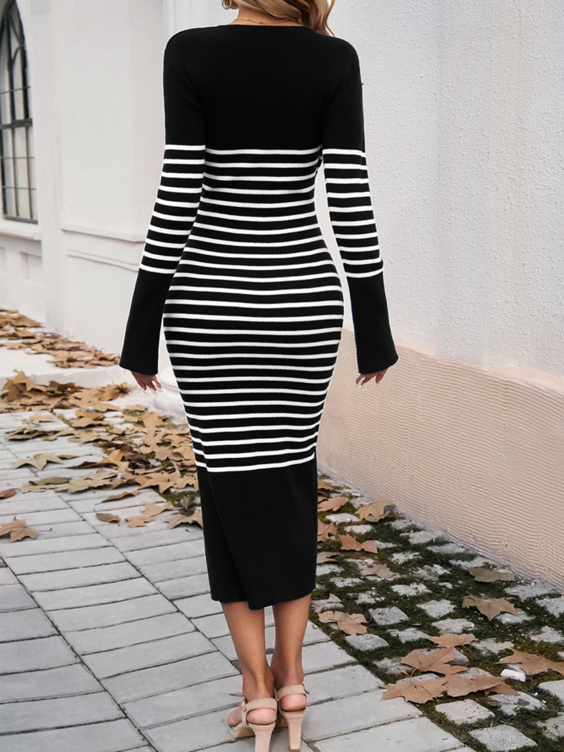 The Devlyn - Striped V-Neck Long Sleeve Sweater Dress