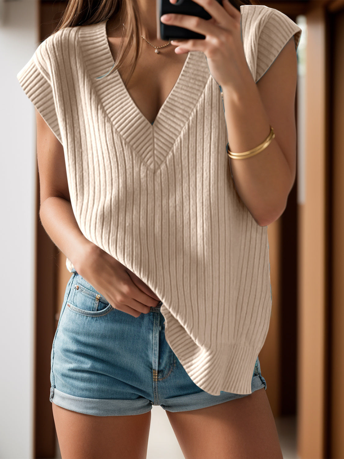 The Isla - V-Neck Cap Sleeve Knit Vest