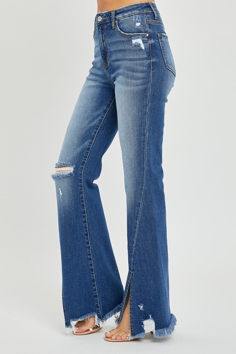 The Cheyenne - RISEN Full Size High Rise Front Slit Frayed Hem Flare Jeans