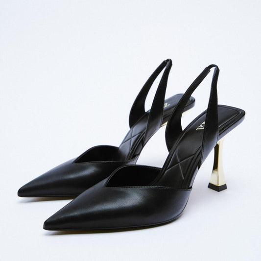 The Senia - Pointed Toe Slingback Stiletto with Gold Heel