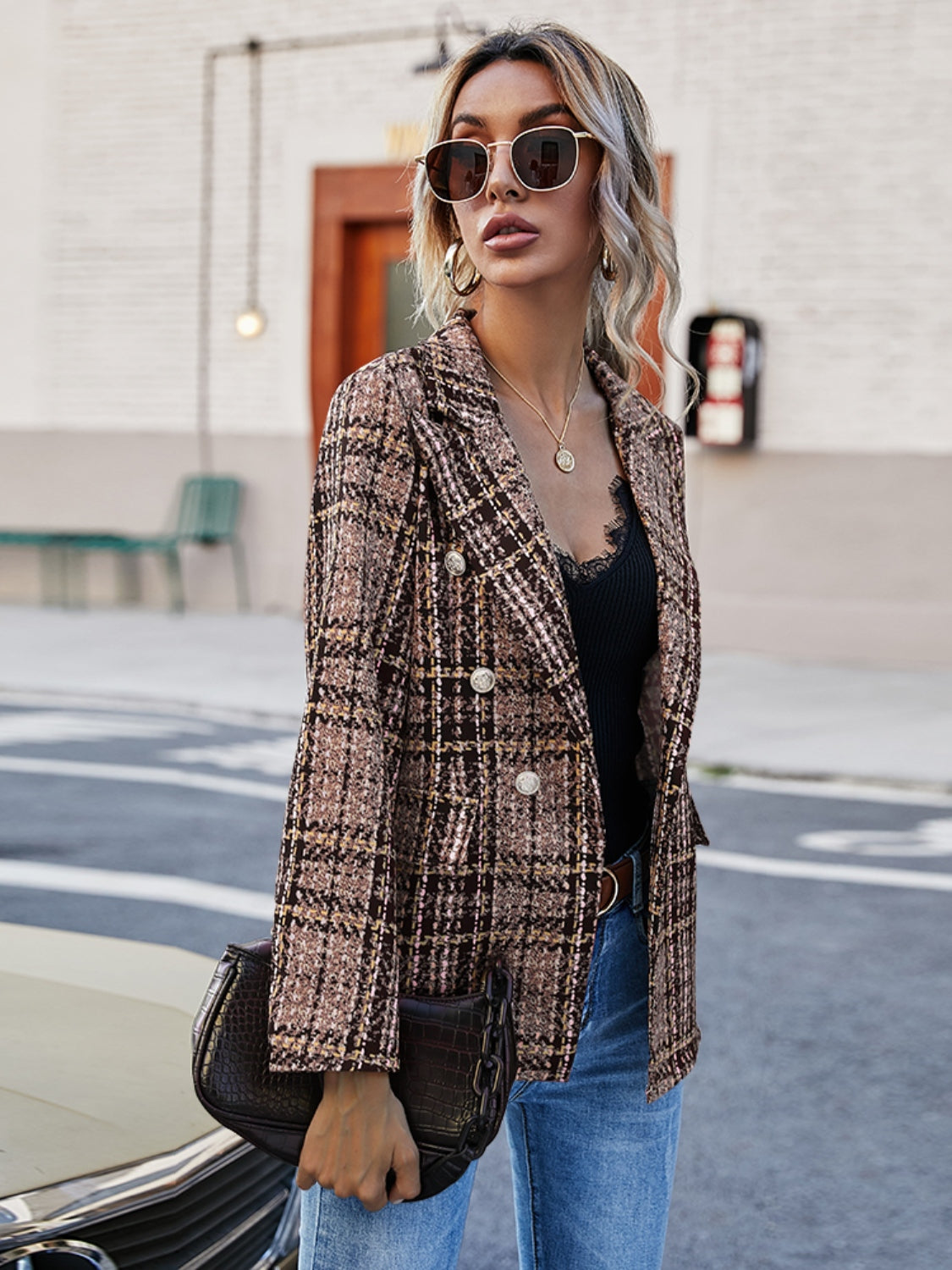 The Lyndsey - Full Size Plaid Lapel Collar Blazer