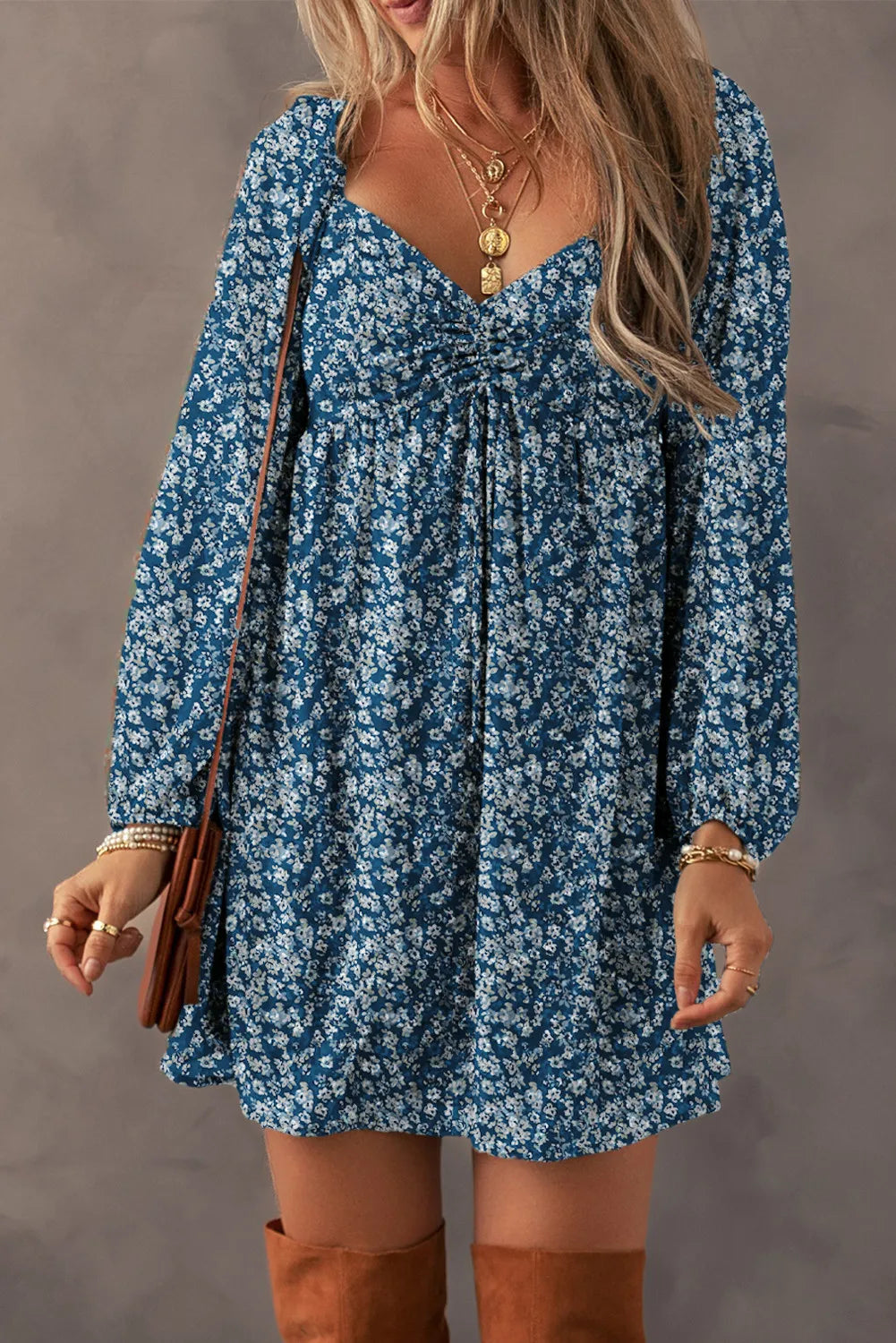 The Gia - Ruched Printed Long Sleeve Mini Dress