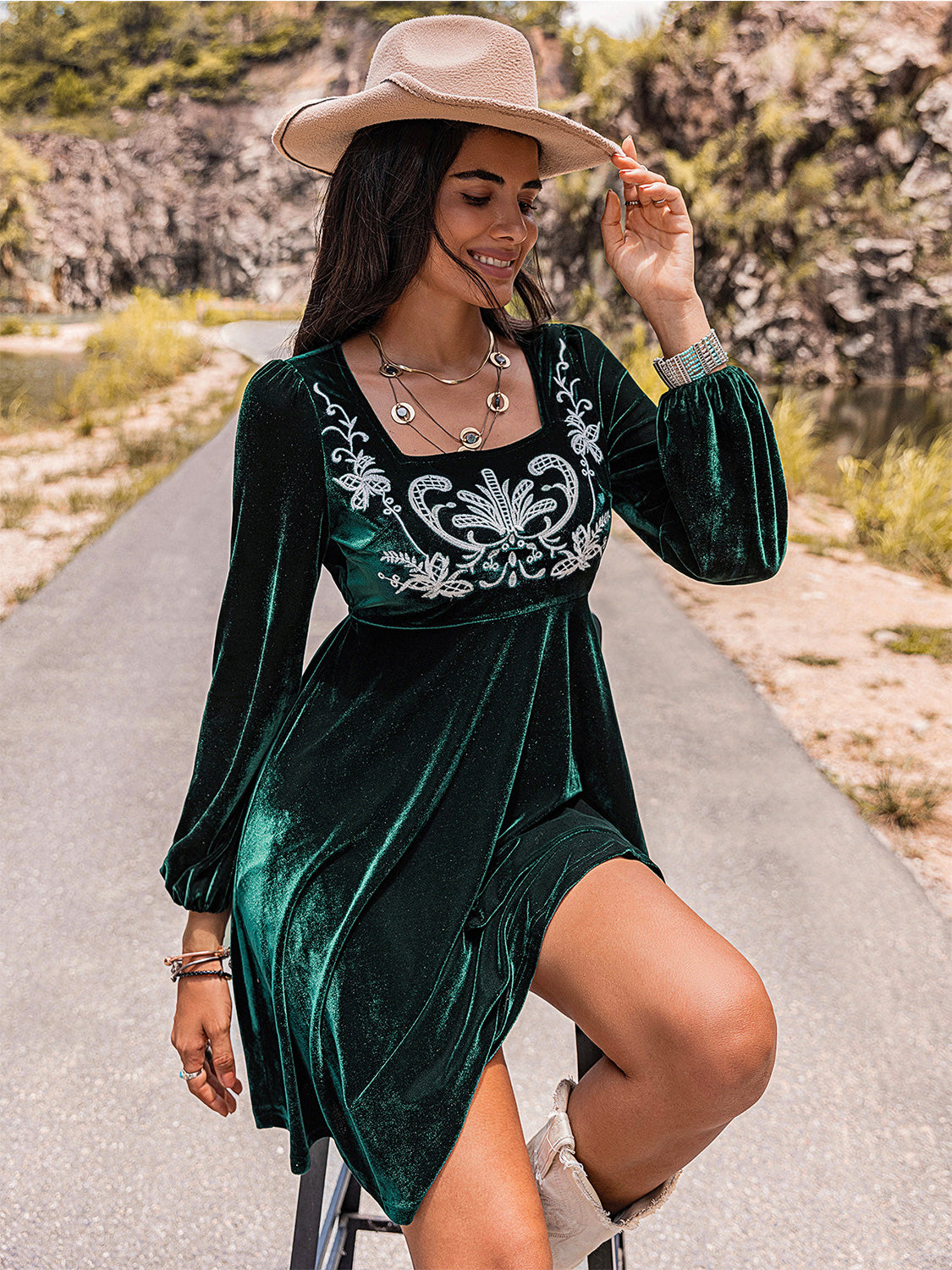 The Isabel - Embroidered Square Neck Long Sleeve Dress