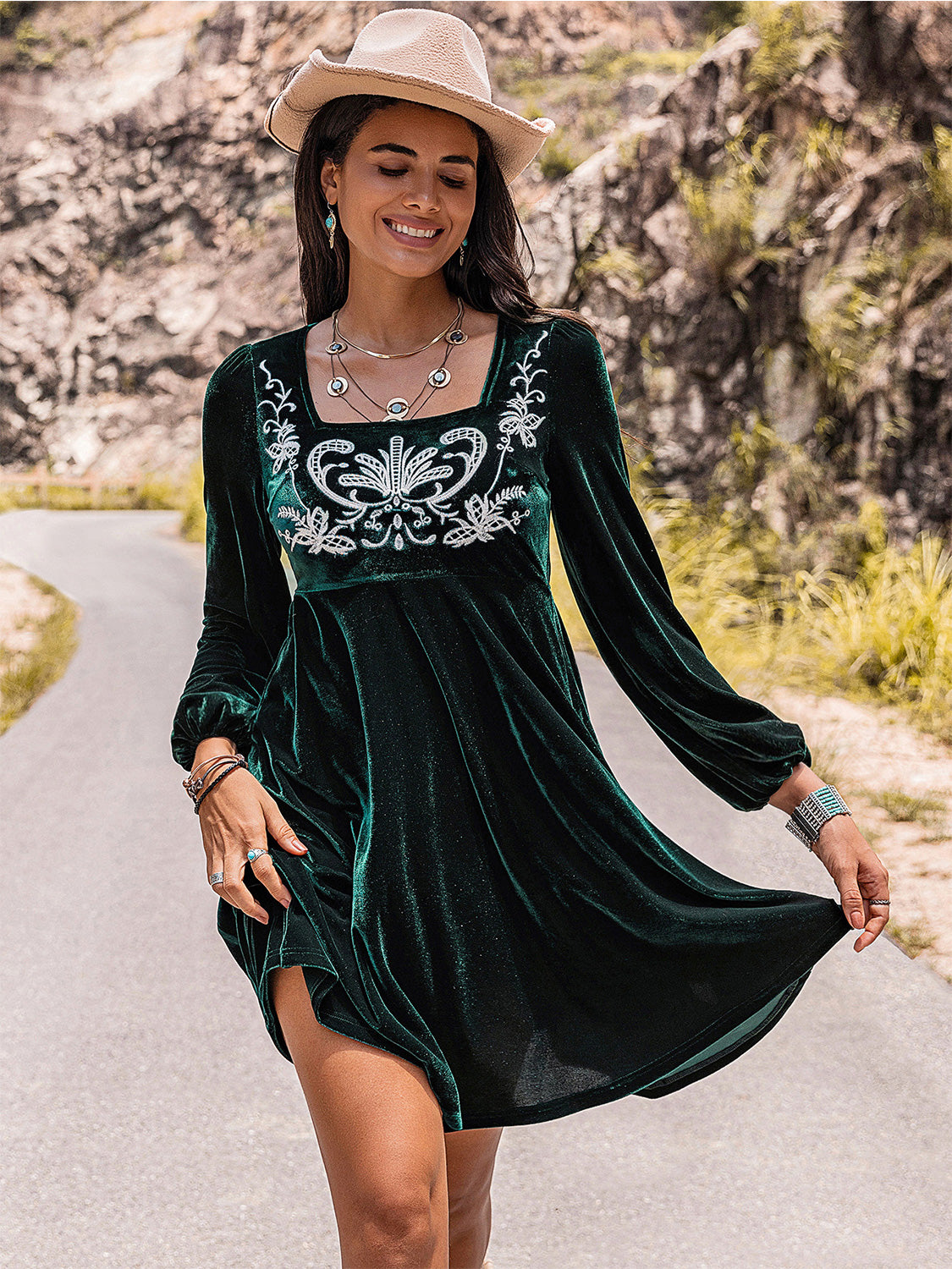 The Isabel - Embroidered Square Neck Long Sleeve Dress