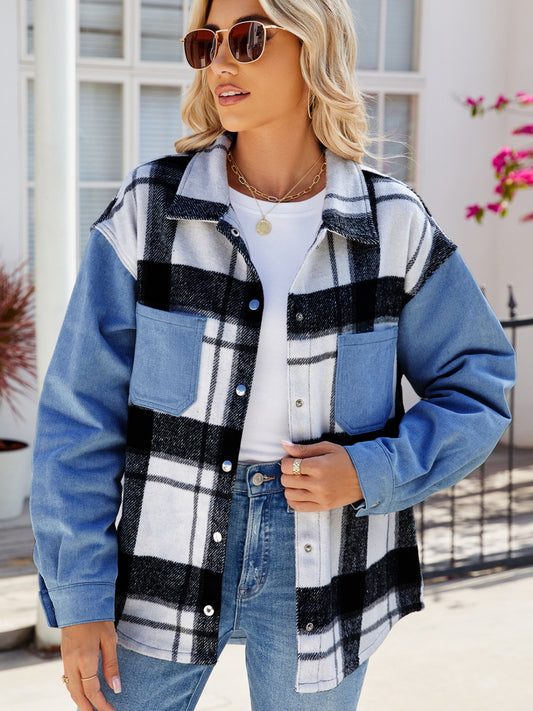 The Ashlyn - Pocketed Plaid Denim Jacket