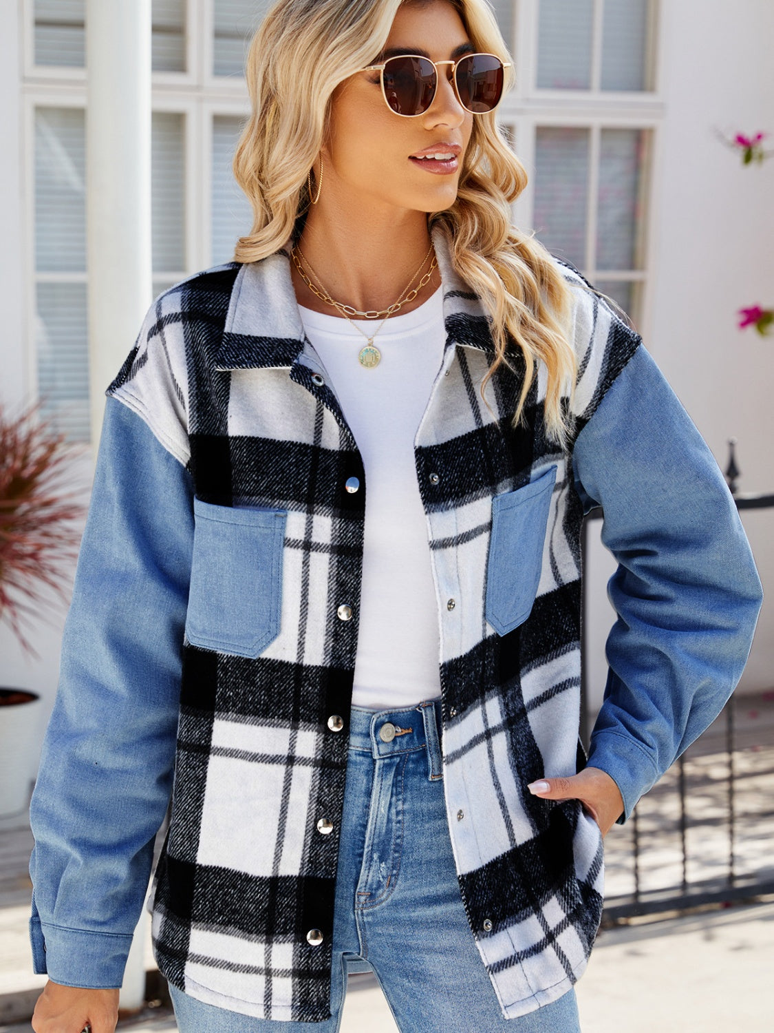 The Ashlyn - Pocketed Plaid Denim Jacket