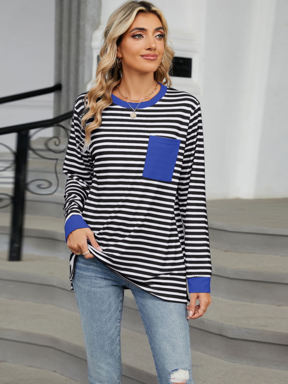 The Rosalie - Striped Round Neck Long Sleeve T-Shirt