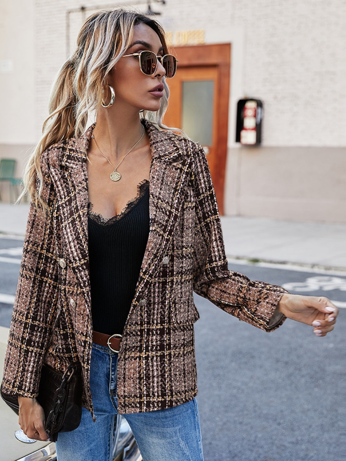 The Lyndsey - Full Size Plaid Lapel Collar Blazer