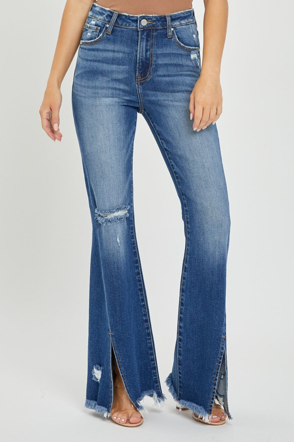 The Cheyenne - RISEN Full Size High Rise Front Slit Frayed Hem Flare Jeans