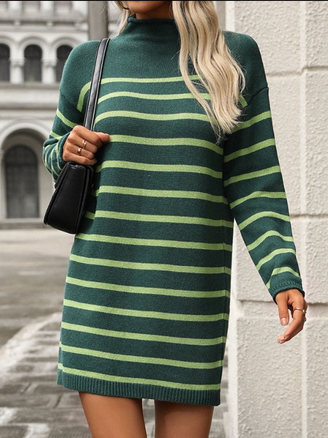 The Brinley - Striped Mock Neck Long Sleeve Mini Dress