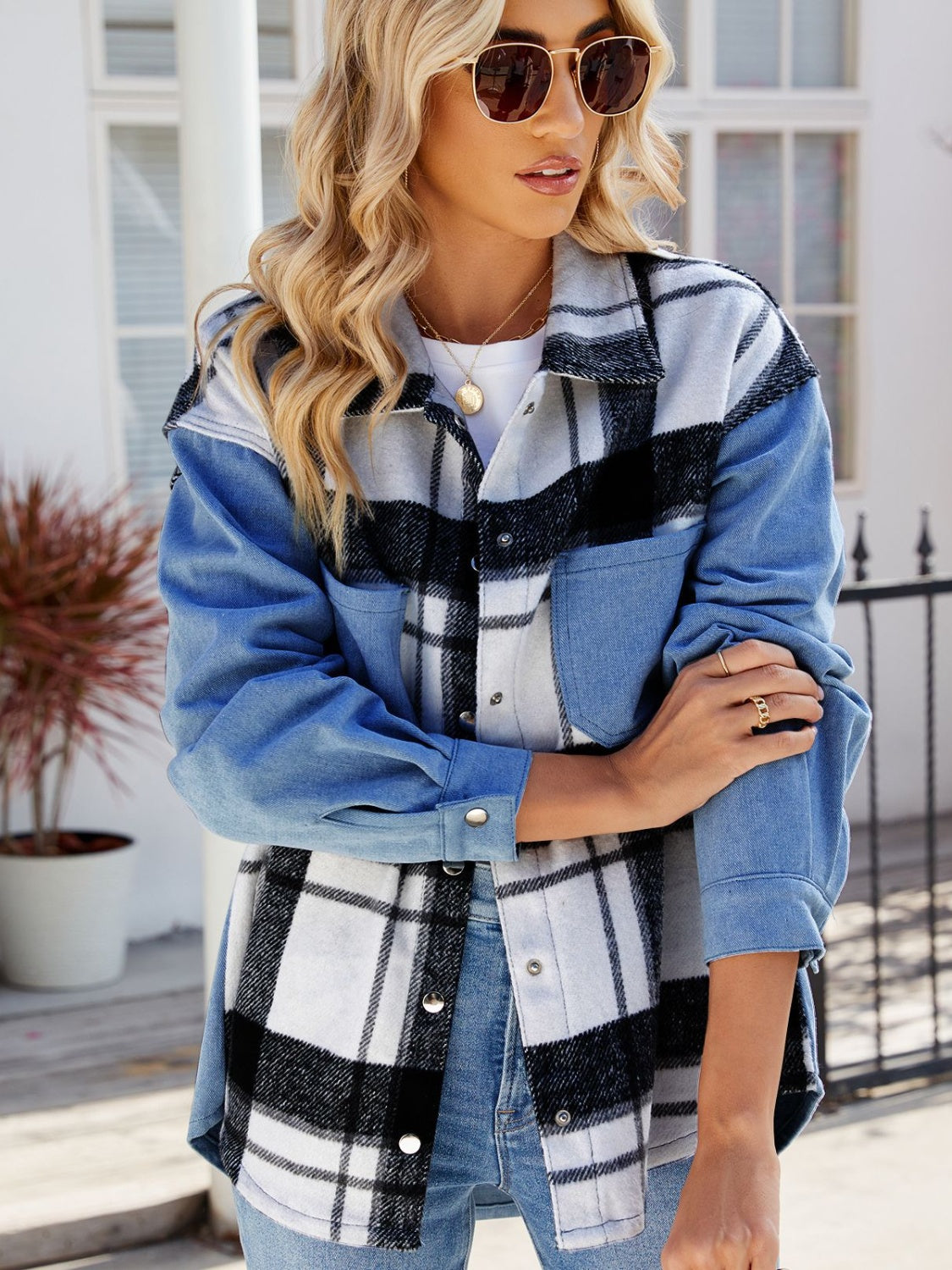 The Ashlyn - Pocketed Plaid Denim Jacket