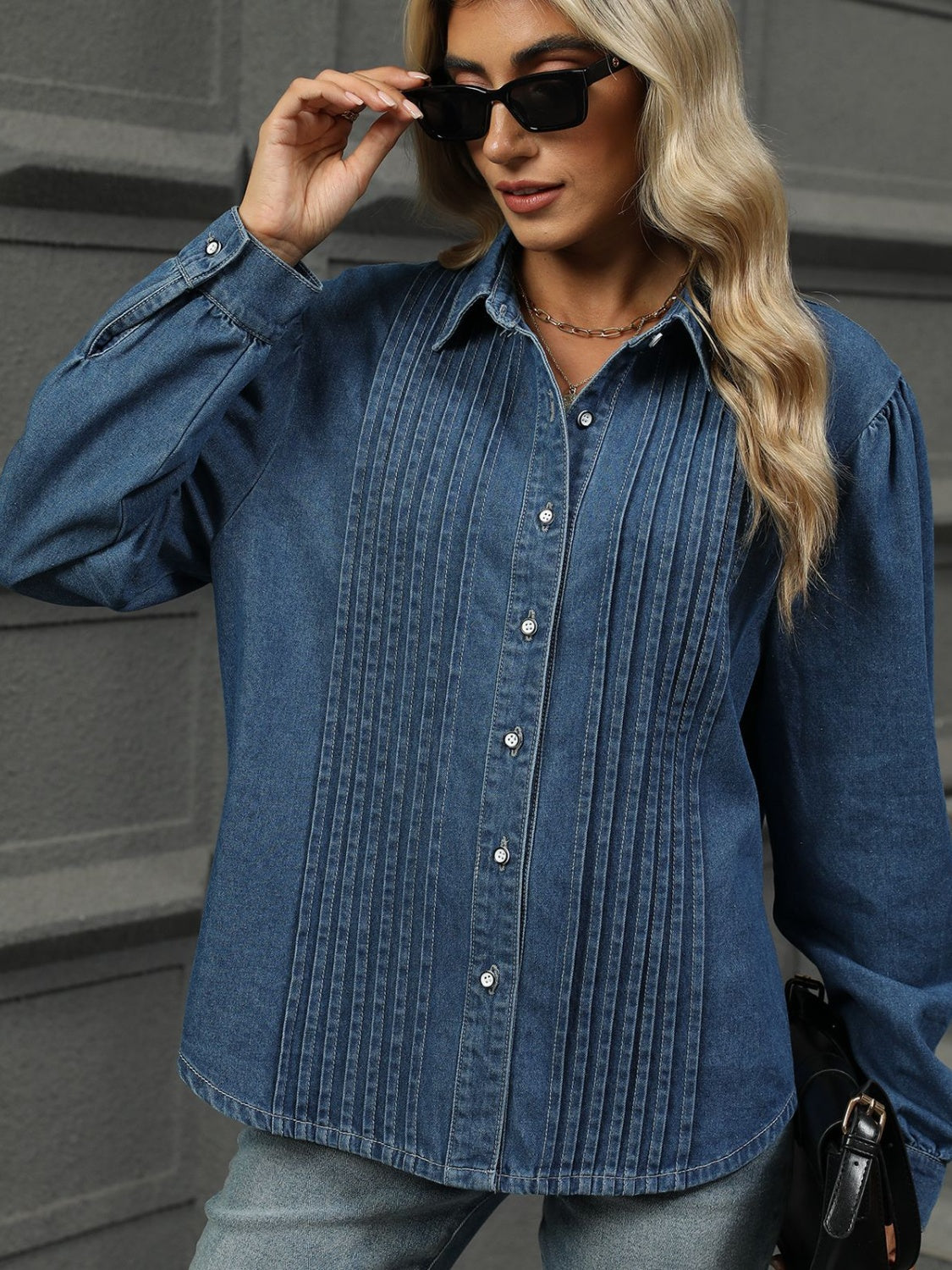 The Stella - Textured Button Down Denim Top