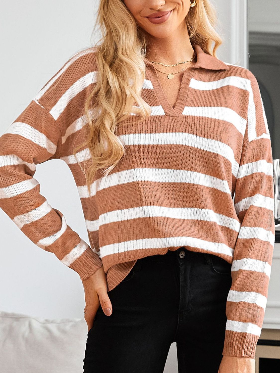 The Melanie - Striped Collared Long Sleeve Sweater