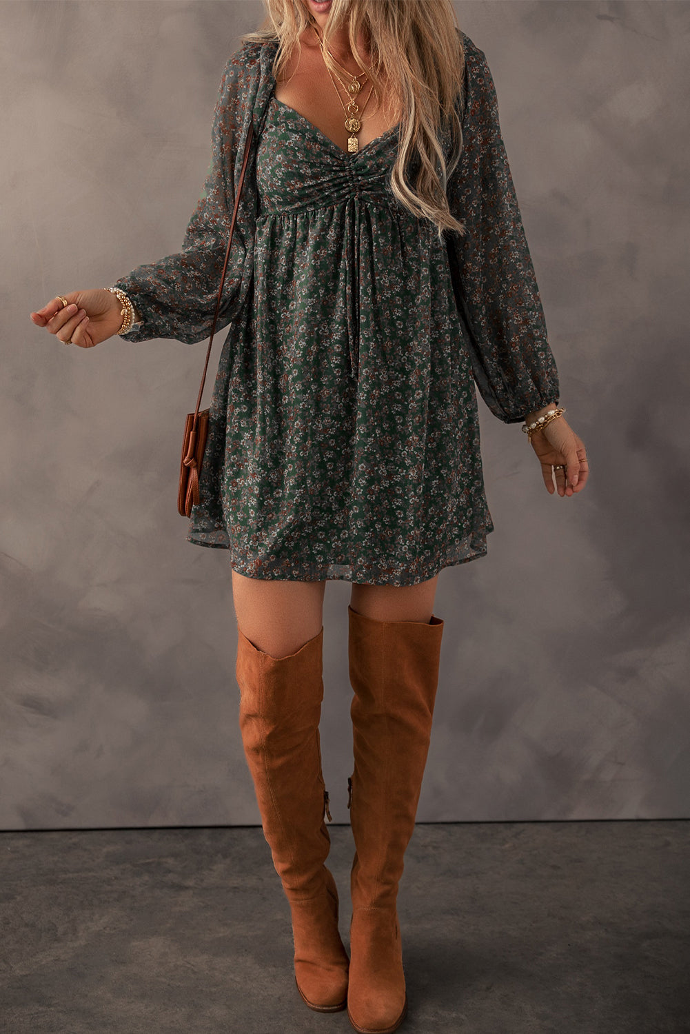 The Gia - Ruched Printed Long Sleeve Mini Dress