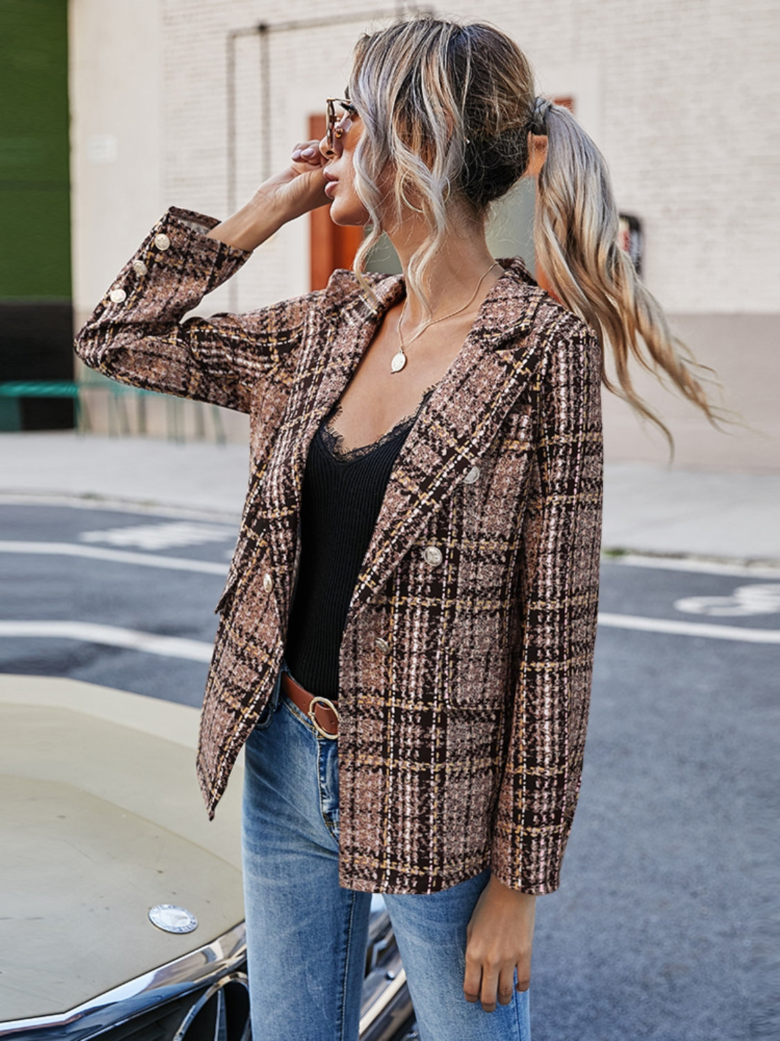 The Lyndsey - Full Size Plaid Lapel Collar Blazer